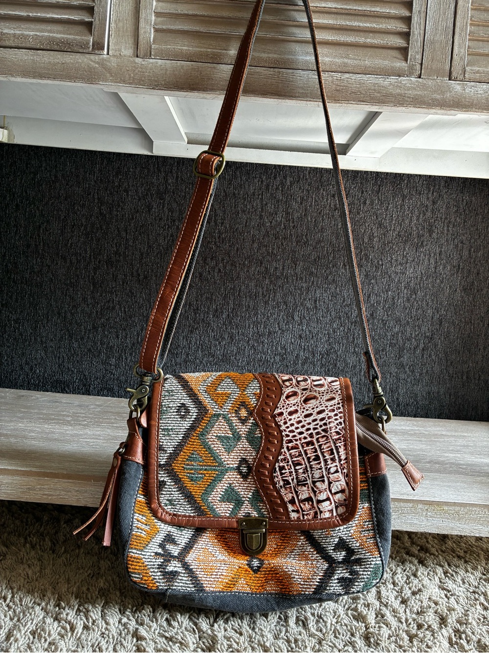 Myra Bag Seneca Falls Messenger Bag With Genuine Leather And Woven Textiles